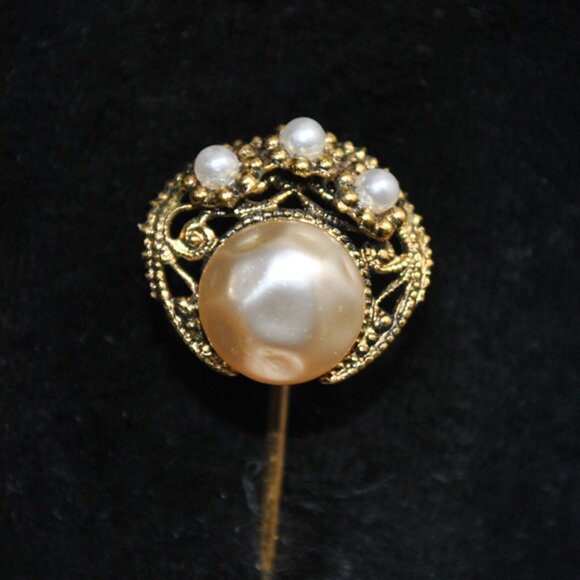 Vintage West Germany Gold-tone Stick Pin with Filigree & Faux Pearls - Picture 1 of 9